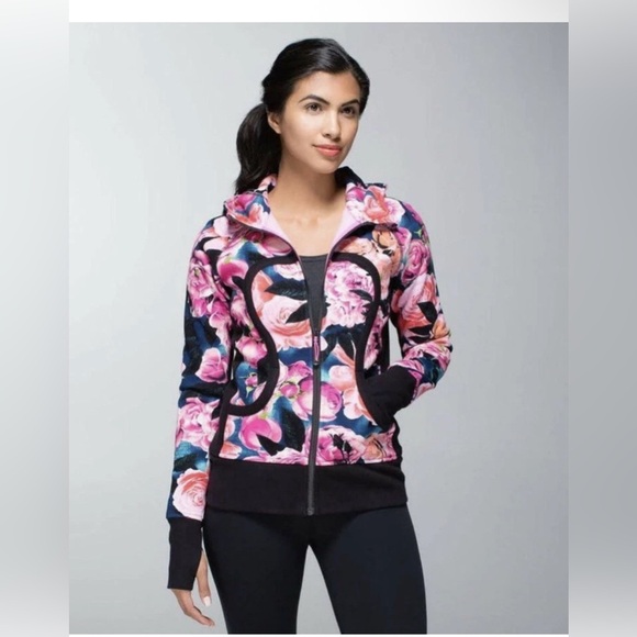 lululemon athletica Tops - Lululemon Secret Garden Vintage Pink Floral Scuba Zip Hoodie Jacket Size 6